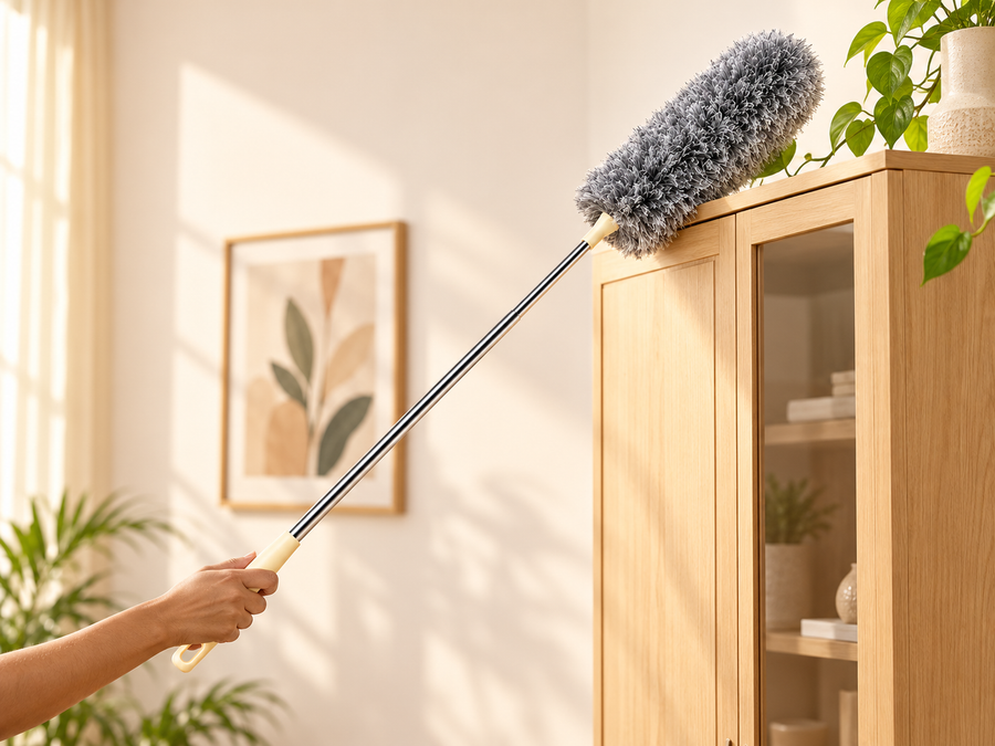 Grey long-handle duster reaching a high oak cupboard in a sunlit home