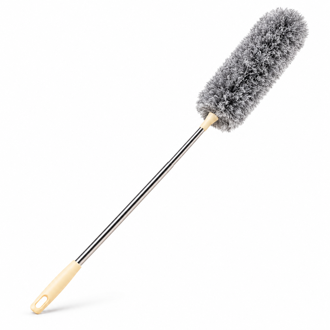 Grey long-handle duster with fluffy head and cream hanging-loop handle on a clean white background