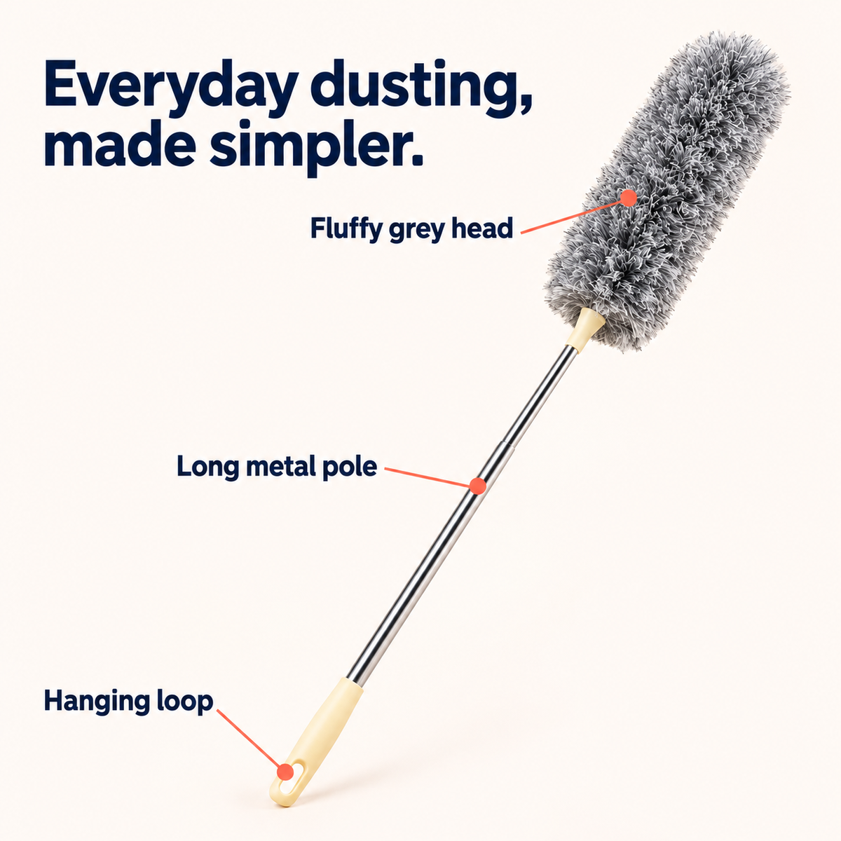 Long-handle duster with callouts identifying the fluffy grey head, long metal pole and hanging loop